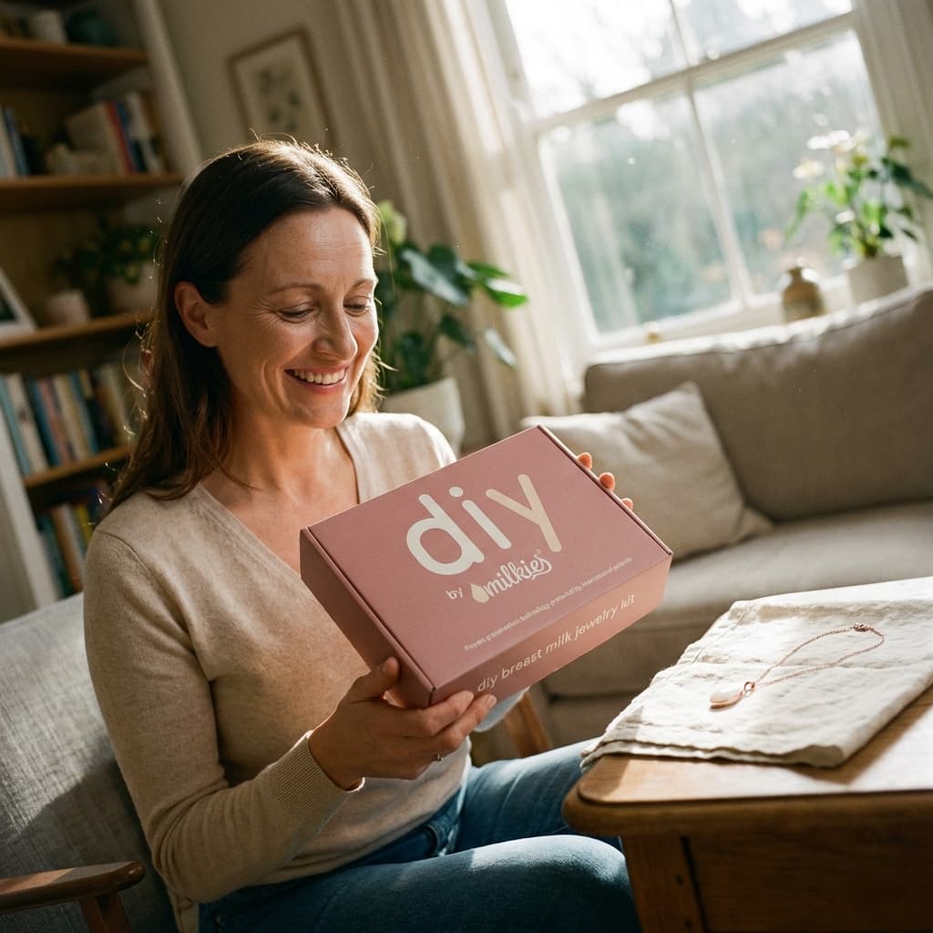 Smiling mother at home holding a DIY by MILKIES box, showing why an at-home breastmilk jewellery kit is a comforting, convenient way to create a personal keepsake yourself.