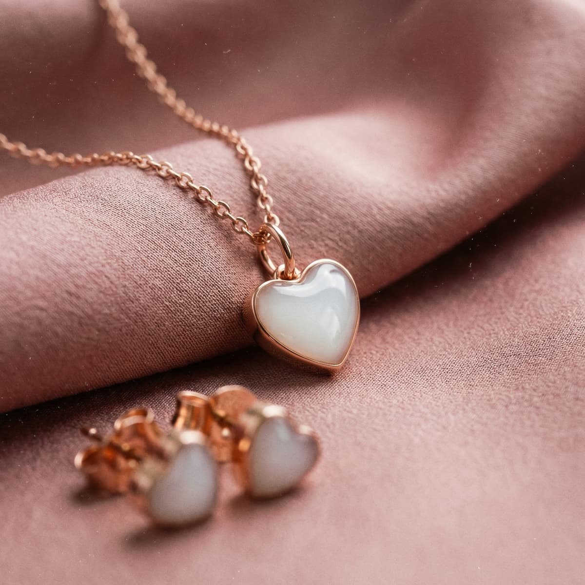 Rose gold heart pendant necklace and matching heart stud earrings featuring a milky white resin centerpiece, a sentimental breastmilk jewelry keepsake set photographed on soft pink fabric.