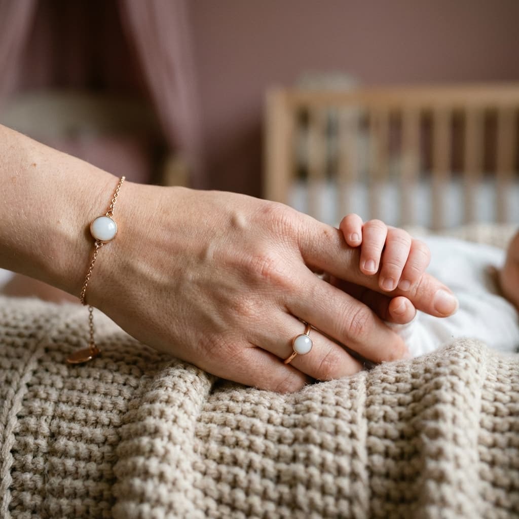 Mother holding her baby’s hand while wearing elegant breastmilk jewelry, including a gold bracelet and ring with milky white resin stones, in a cozy nursery.