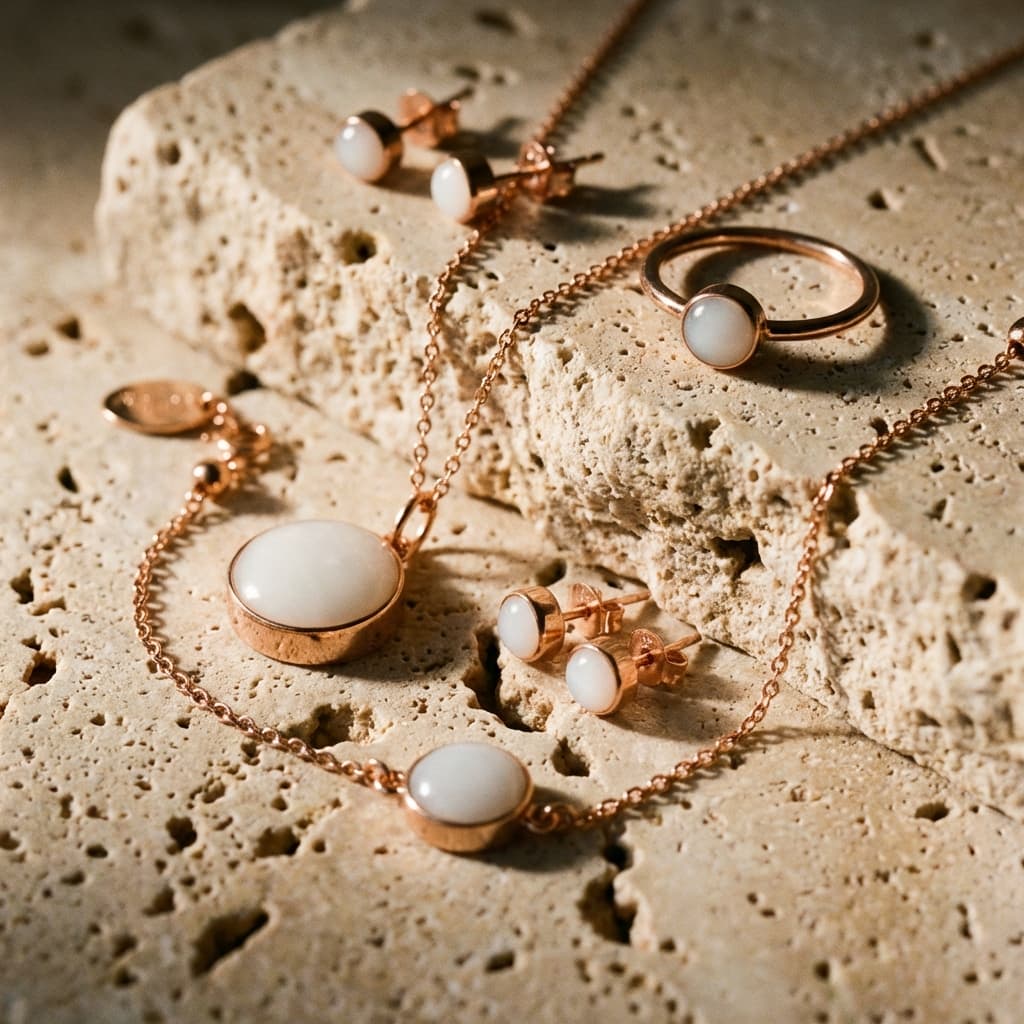 Rose gold breastmilk jewelry set with milky white resin stones, including a necklace, ring, bracelet, and stud earrings displayed on textured natural stone.