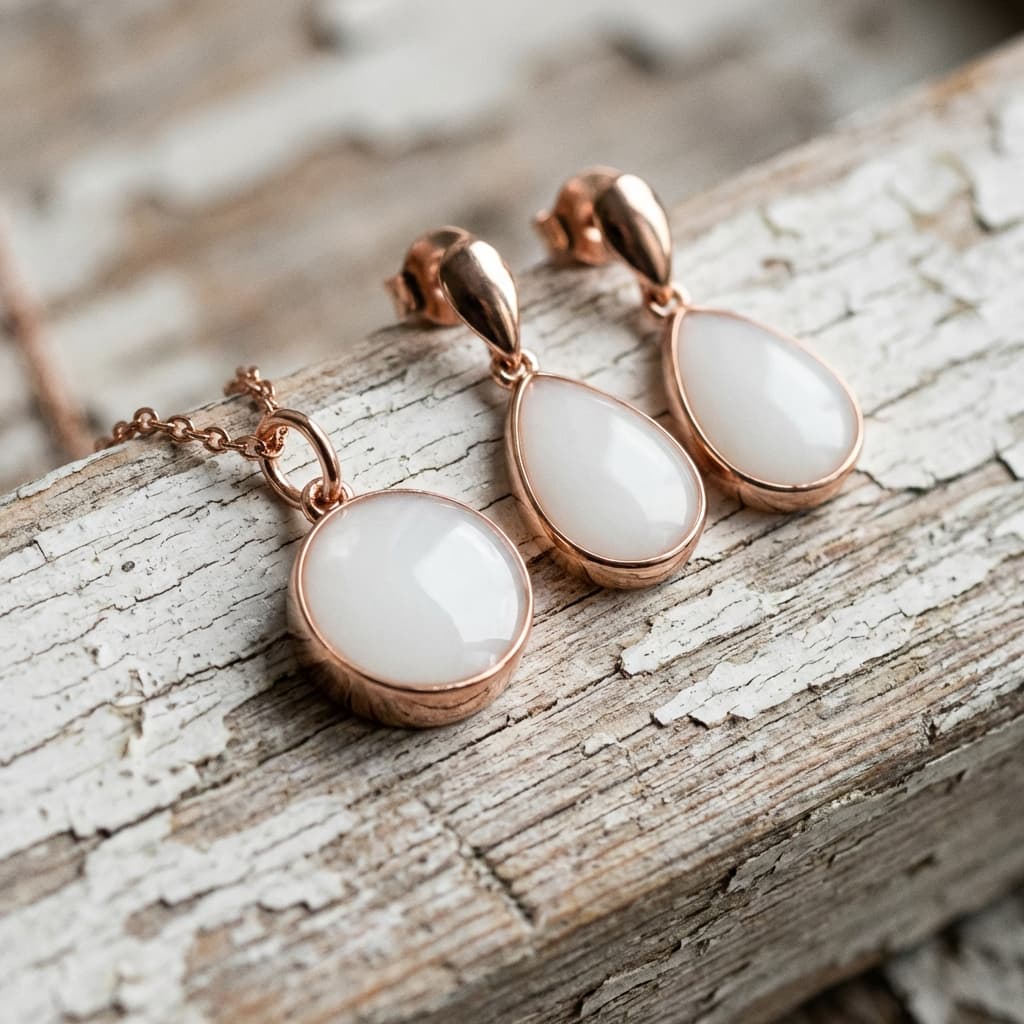 Rose-gold teardrop earrings and matching round pendant from an at-home breastmilk jewelry kit, featuring milky white resin stones displayed on a rustic wooden surface.