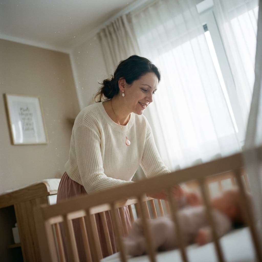 Mother in a cozy nursery smiles down at her baby in a crib while wearing a breastmilk jewelry kit keepsake pendant and matching earrings.