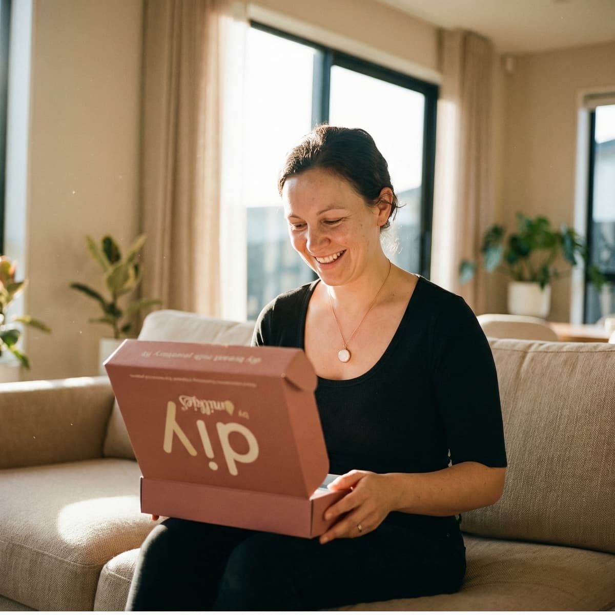 Smiling mom unboxing a DIY breastmilk jewelry kit on a sofa in a bright living room, showing why an at-home keepsake kit is a convenient and personal choice.