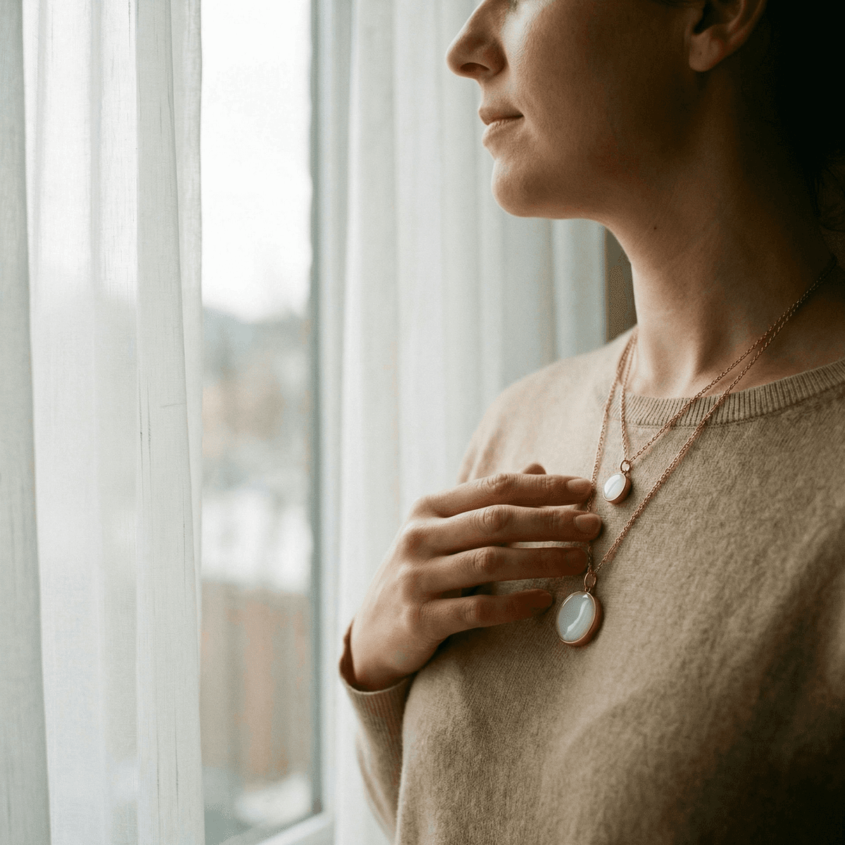 Woman standing by a window wearing a rose-gold necklace with two oval white resin pendants, gently holding her breastmilk keepsake jewelry on her chest
