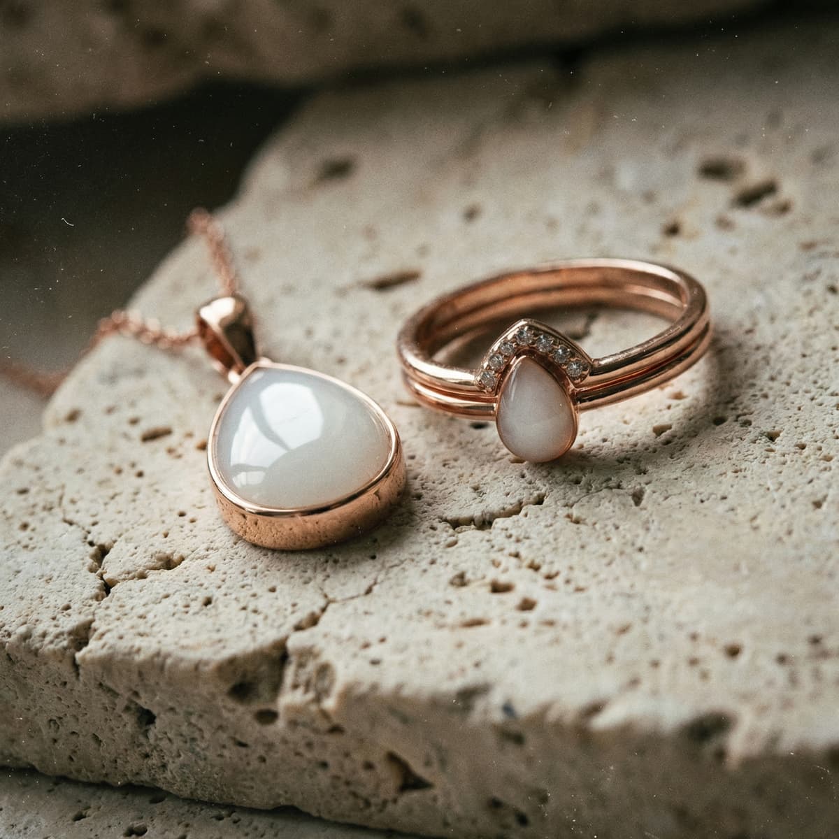 Rose gold necklace pendant and teardrop ring with milky white stones displayed on textured stone, a breastmilk keepsake jewelry set for mothers to preserve breastmilk in resin.
