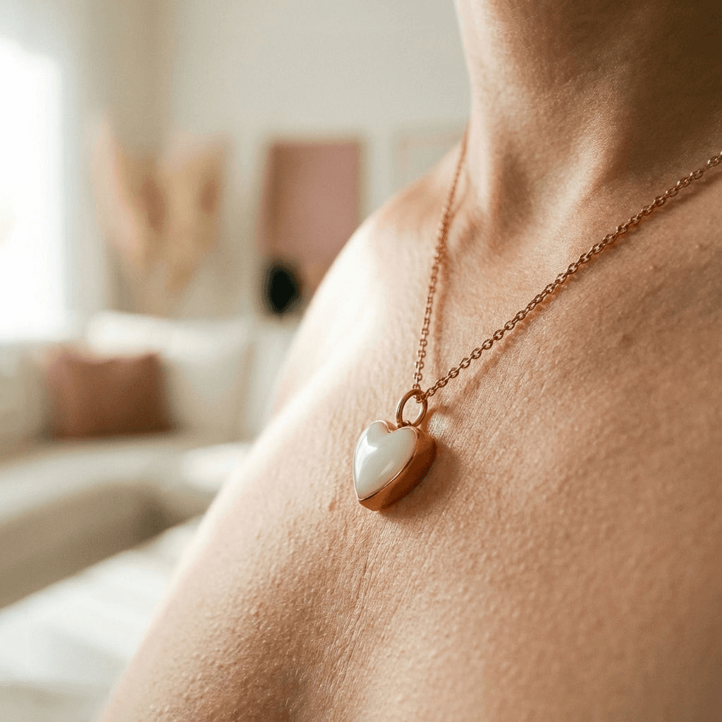 Close-up of a woman wearing a rose-gold heart-shaped breastmilk necklace with an opalescent white resin center on a delicate chain