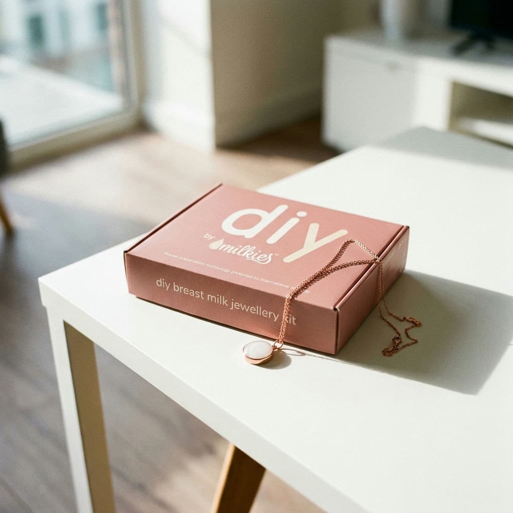 Rose-gold DIY by MILKIES at-home kit box on a white table with a delicate breastmilk necklace pendant and chain in soft natural light