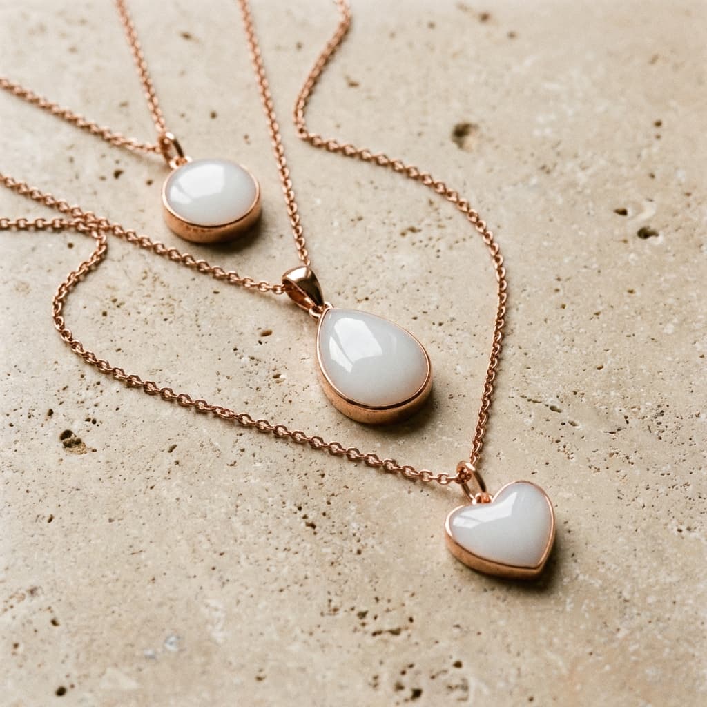 Rose-gold keepsake jewelry set featuring a breastmilk necklace with glossy white resin pendants in teardrop, round, and heart shapes displayed on a neutral stone background.