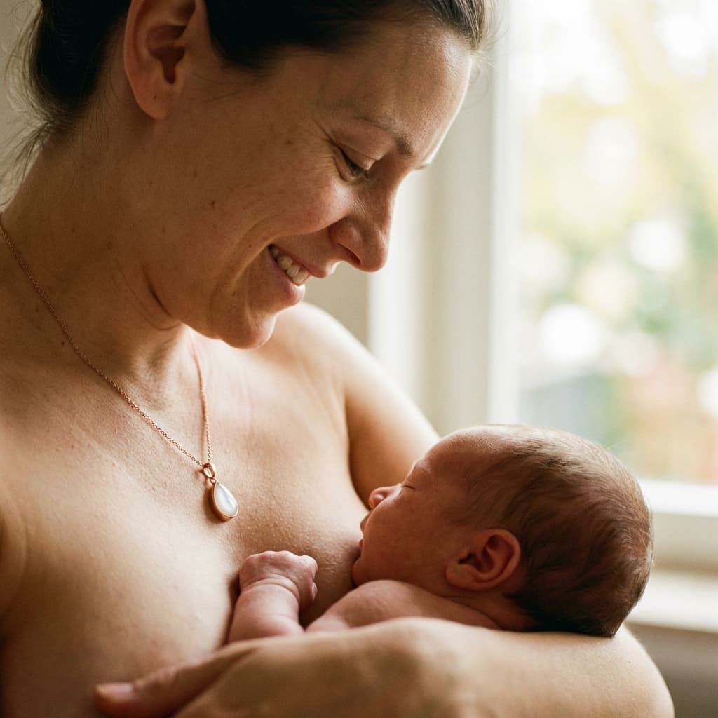 Smiling mother breastfeeding her newborn while wearing a breastmilk necklace pendant, illustrating why an at-home DIY by MILKIES keepsake kit is a meaningful way to preserve this bonding moment.