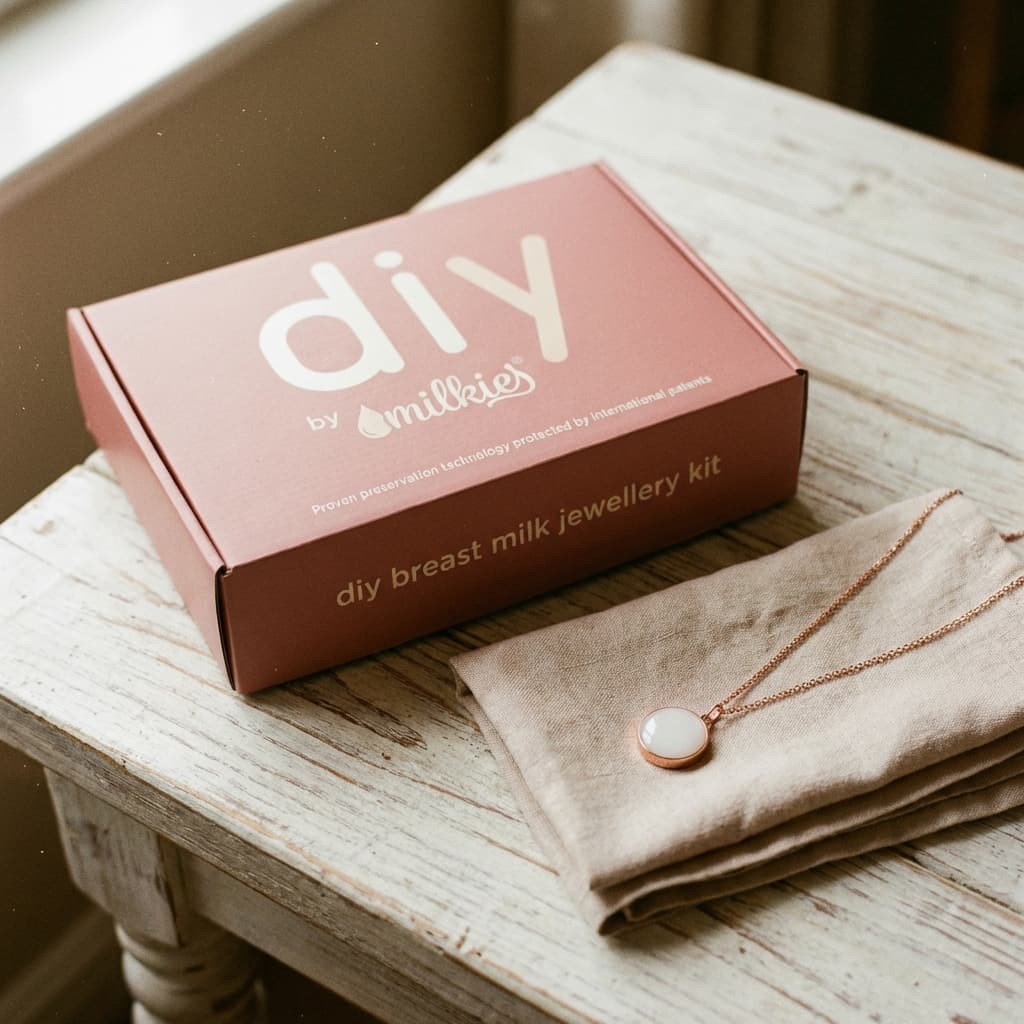 Pink DIY by Milkies box on a rustic table beside a folded linen pouch and a rose-gold pendant, showcasing a breastmilk necklace diy kit for making breast milk jewellery at home.