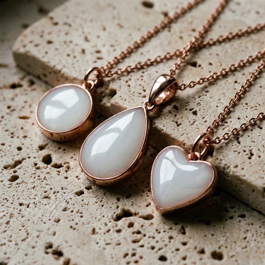 Rose gold pendant necklaces with milky-white resin stones in oval, teardrop, and heart shapes displayed on a textured stone surface, representing a breastmilk necklace diy kit keepsake jewelry design.