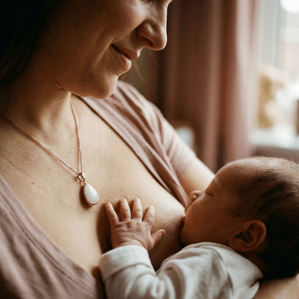 Mother breastfeeding her baby while wearing a teardrop keepsake pendant, showing why a breastmilk necklace diy kit is a meaningful at-home way to preserve the nursing journey.