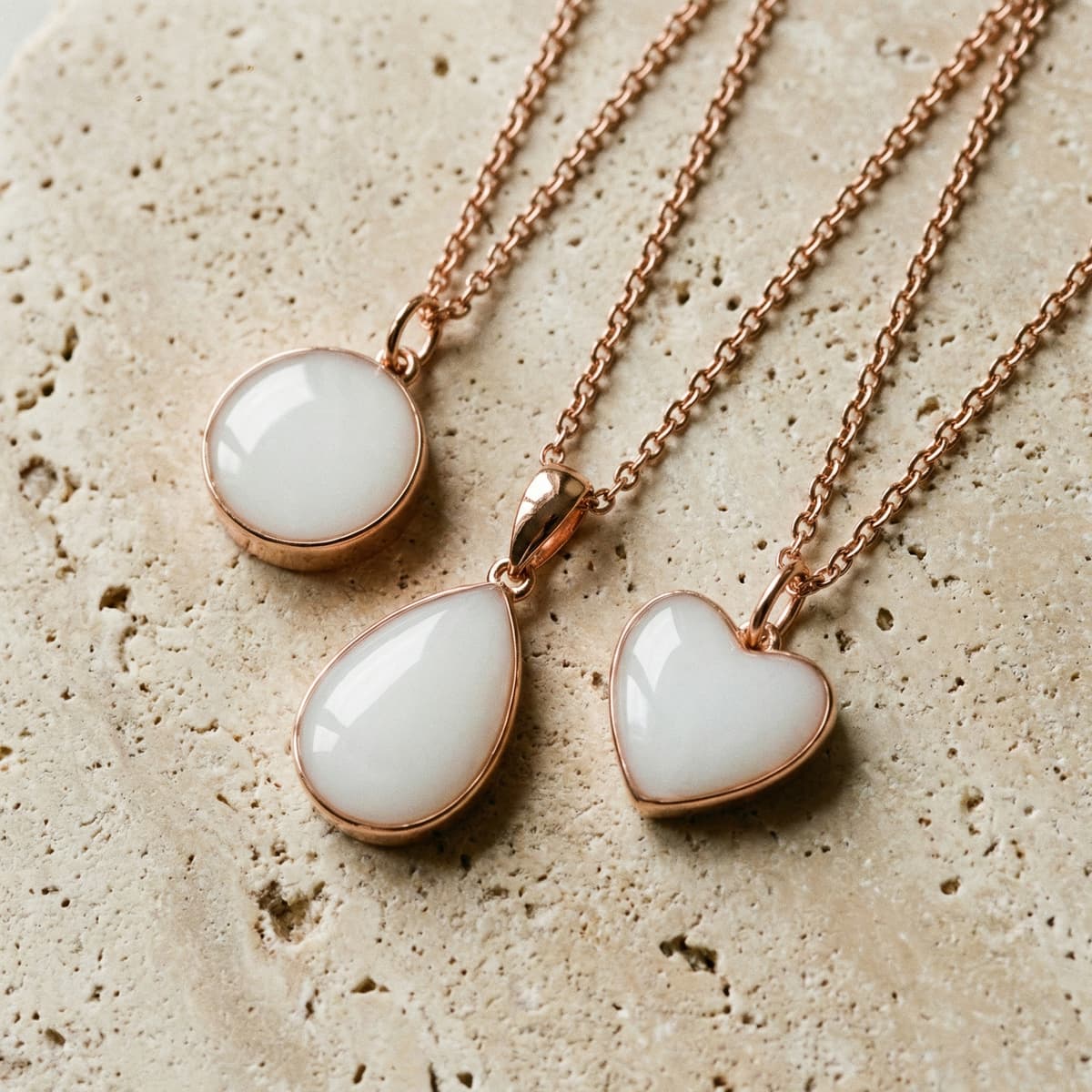 Rose gold pendants featuring round, teardrop, and heart-shaped breastmilk keepsake charms made with a breastmilk necklace kit, displayed on delicate chains