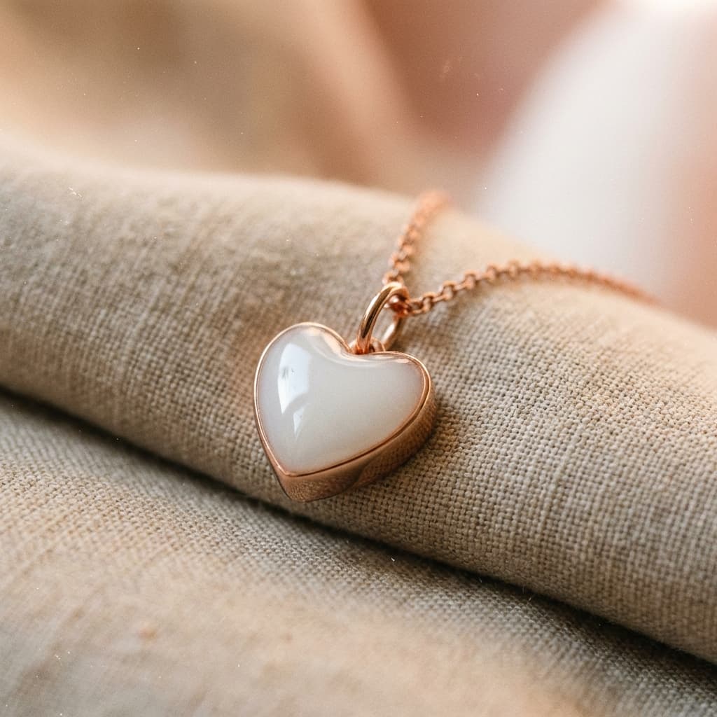 Heart-shaped rose-gold pendant necklace with a milky white resin stone, showcasing a finished keepsake made using a breastmilk necklace kit.