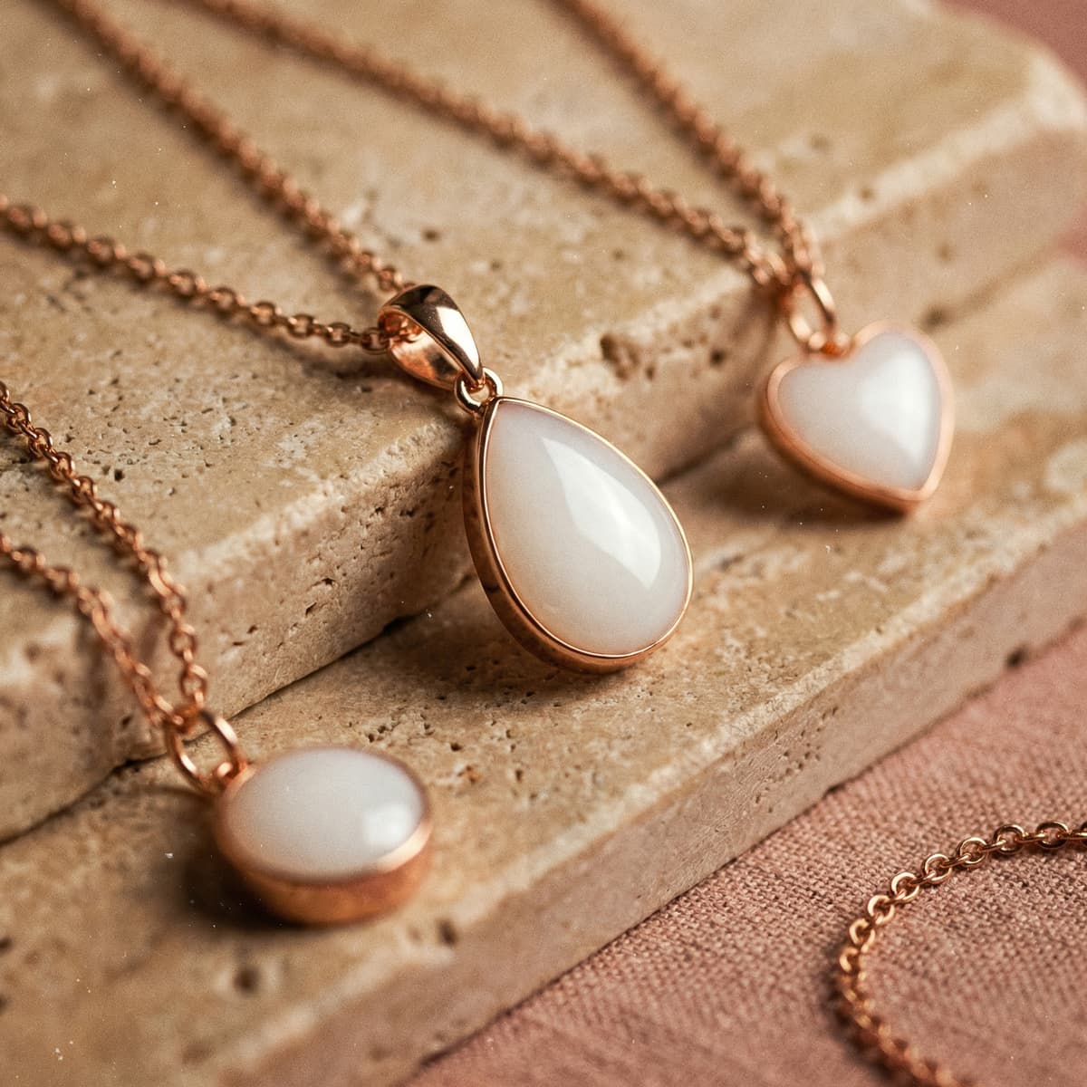 Rose gold pendants with milky white resin stones on a stone surface, showcasing a keepsake jewelry breastmilk necklace making kit style for DIY breastmilk preservation.