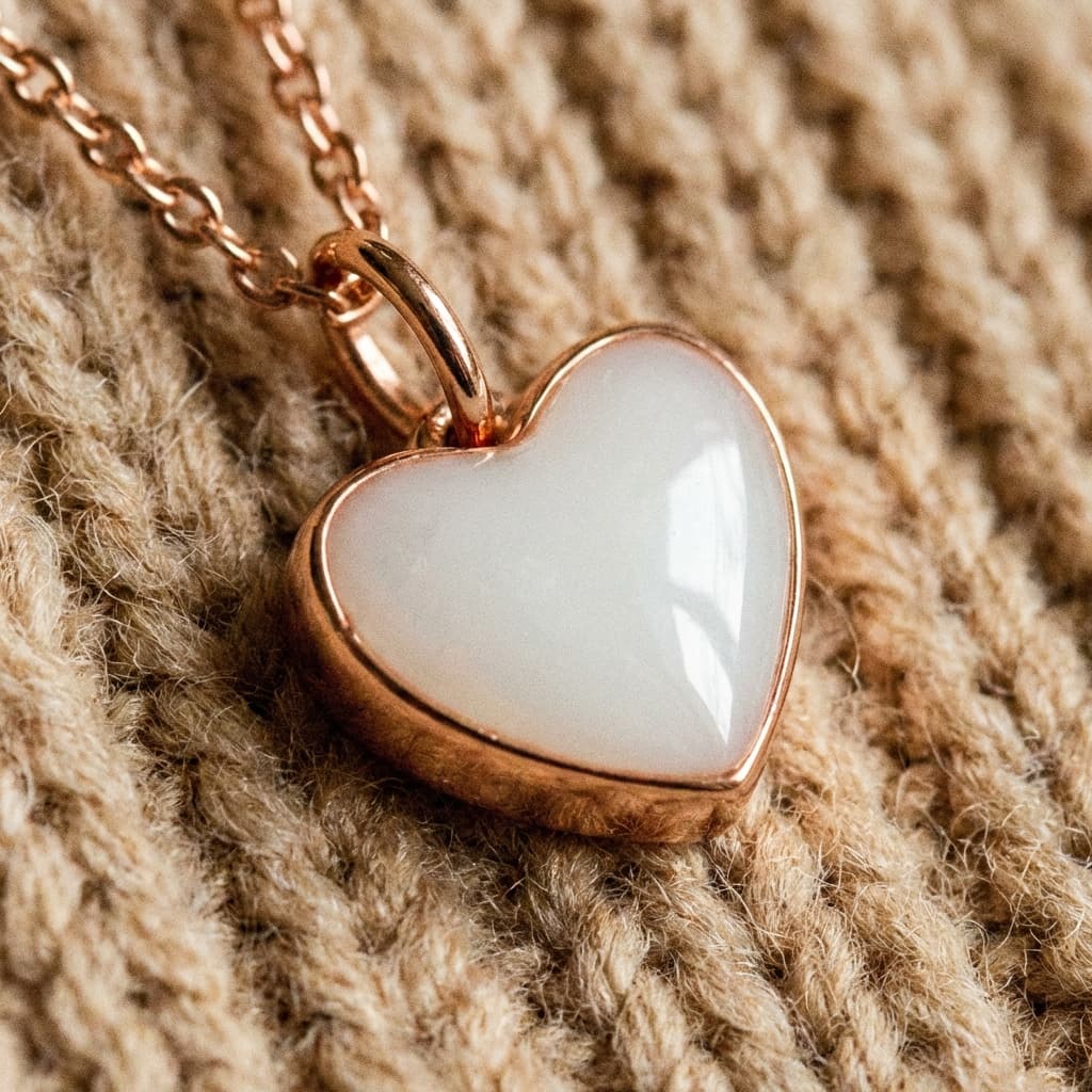 Rose-gold heart pendant showing a milky white resin center, highlighting why DIY by MILKIES at-home breastmilk necklaces are a meaningful keepsake option.