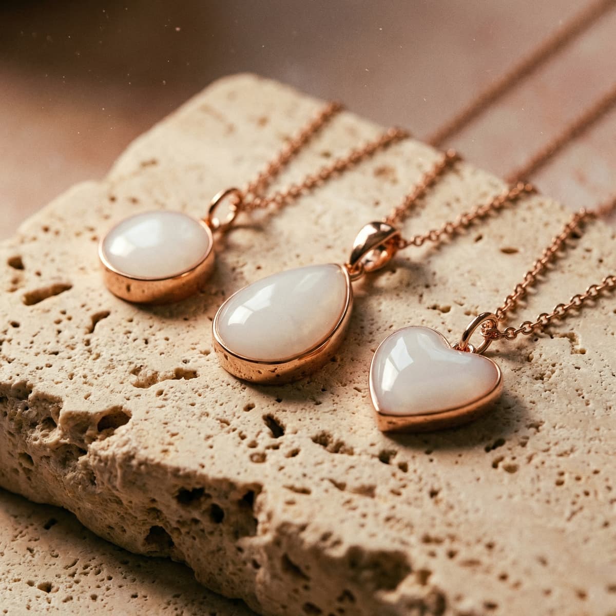 Rose gold pendant necklaces with round, oval, and heart-shaped milky white resin stones displayed on a textured stone, showcasing a breastmilk necklaces diy kit keepsake jewelry style.