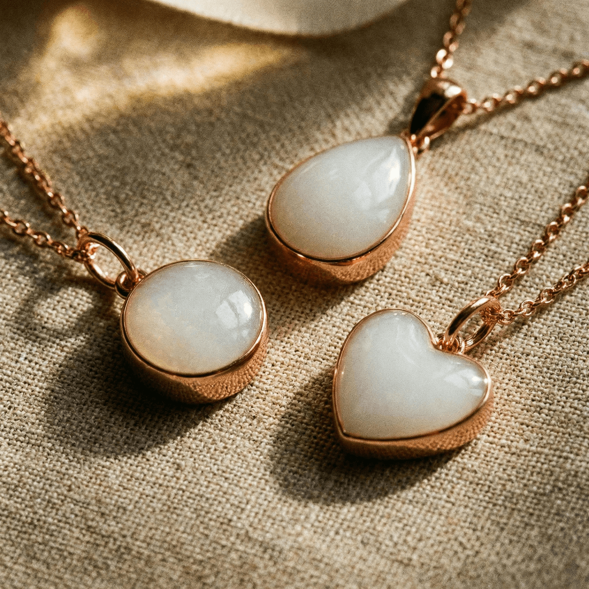 Rose gold pendants featuring round, teardrop, and heart-shaped milky white resin breastmilk keepsakes on delicate chains, made with a breastmilk necklaces kit on a linen background.