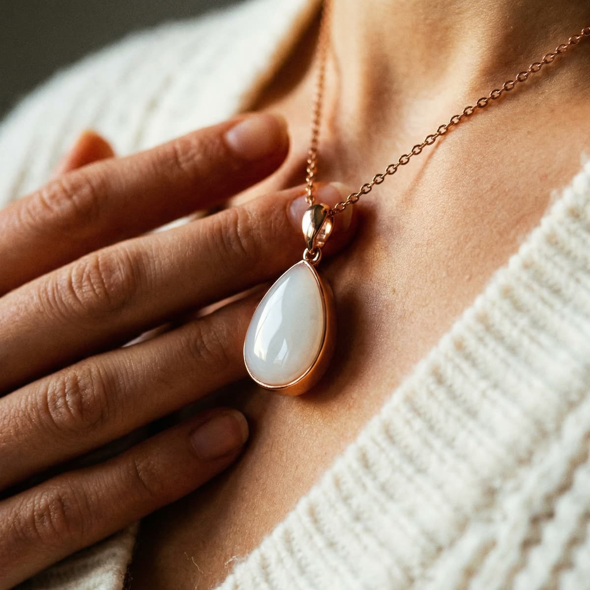 Close-up of a woman wearing a rose-gold teardrop pendant with a milky white resin stone, made using a breastmilk necklaces kit to create a keepsake breastmilk necklace.