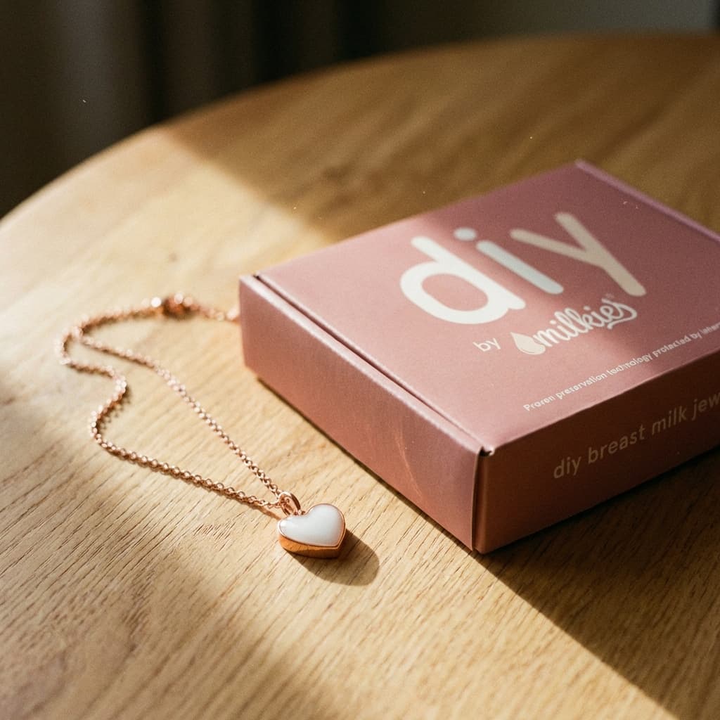 DIY by MILKIES breastmilk necklaces kit box on a wooden table next to a rose-gold chain and heart-shaped breastmilk keepsake pendant