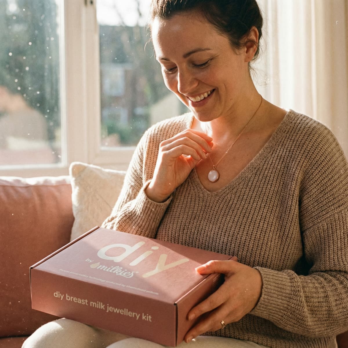 Smiling mom at home holds a DIY by MILKIES breastmilk necklaces kit box while admiring her keepsake pendant, highlighting why an at-home breast milk jewelry kit is a meaningful choice.