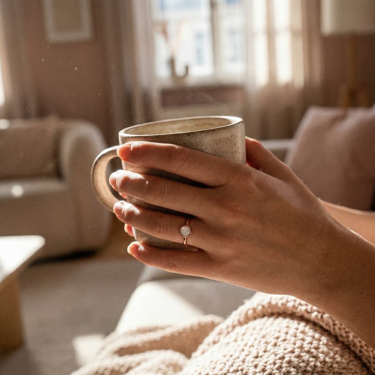 Close-up of hands holding a ceramic mug in warm sunlight, showcasing a delicate gold breastmilk ring with a milky white stone on the finger.