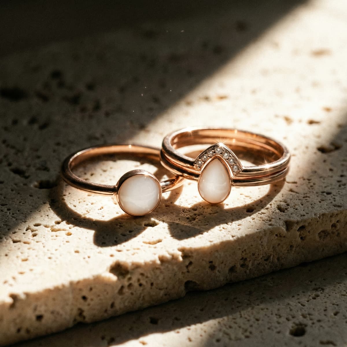 Rose gold keepsake rings with milky white resin stones on a sunlit stone surface, made using a breastmilk ring diy kit, including a teardrop ring accented with tiny crystals.