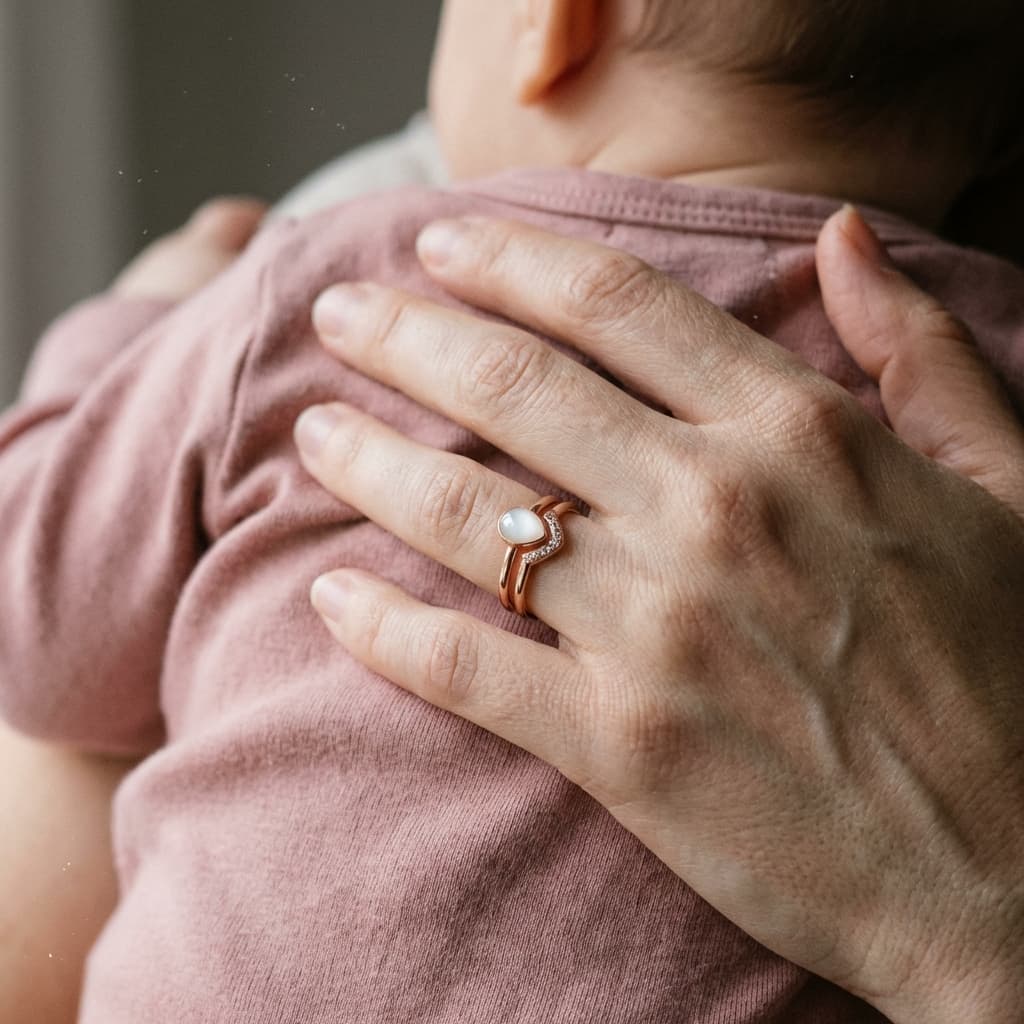 Mother holding a baby while wearing a rose gold keepsake ring with a milky white stone, made using a breastmilk ring diy kit.
