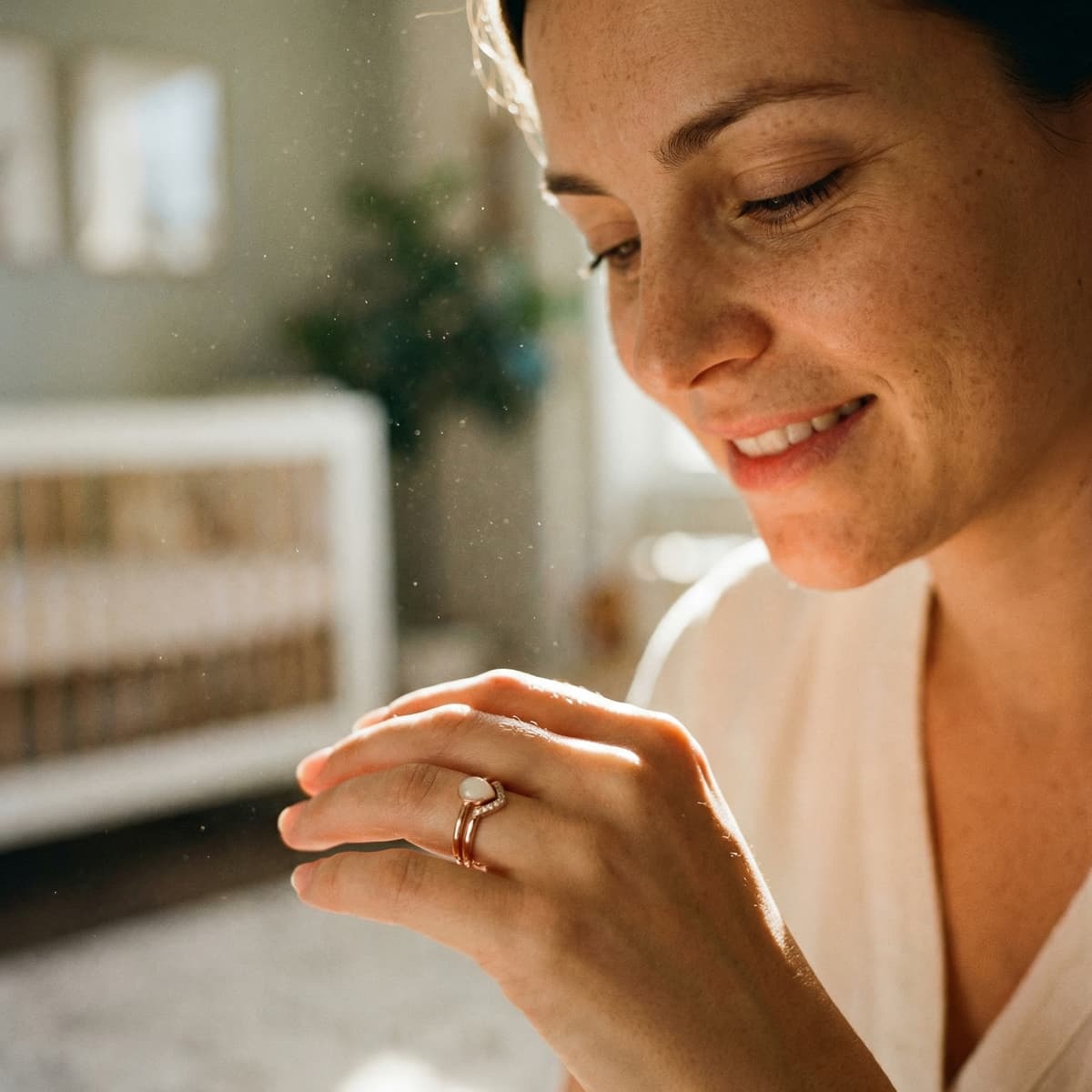Smiling mom in warm sunlight admiring a delicate white stone keepsake ring, showing why a breastmilk ring diy kit is a meaningful at-home way to create private memory jewelry.