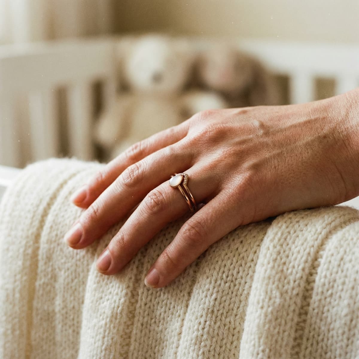 Hand resting on a cozy knit blanket wearing a gold band with an oval white stone, created using a breastmilk ring kit.