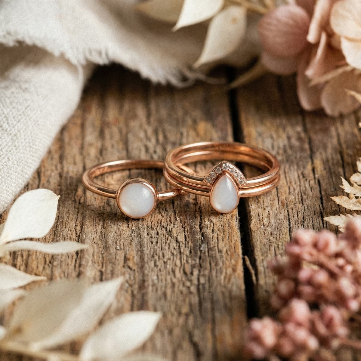 Rose-gold keepsake rings with milky white resin stones on a rustic wooden surface, showcasing finished jewelry made with a breastmilk ring making kit.