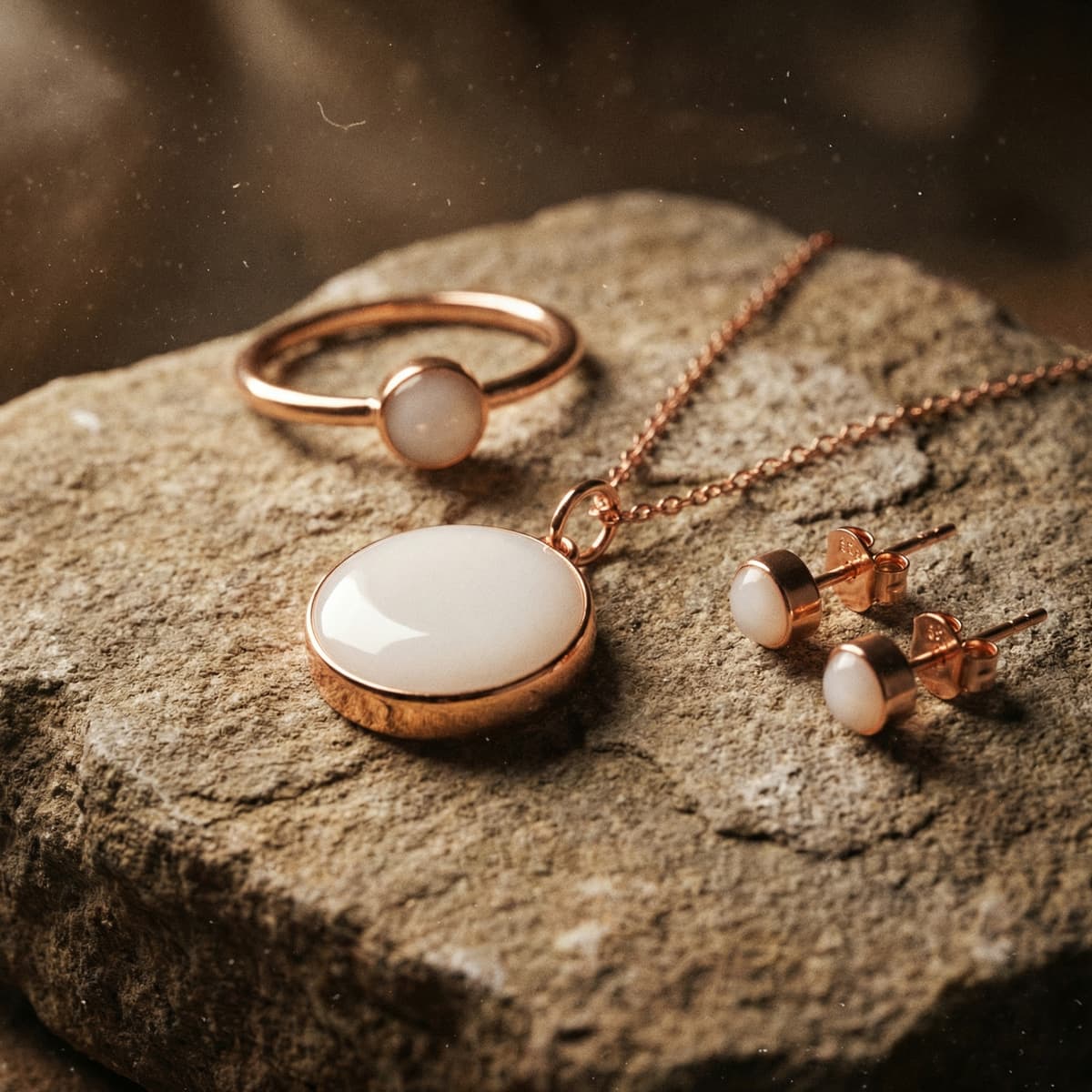 Elegant rose-gold ring, pendant necklace, and stud earrings featuring milky white resin stones, showcasing diy breast milk jewellery keepsake pieces arranged on a textured stone surface.