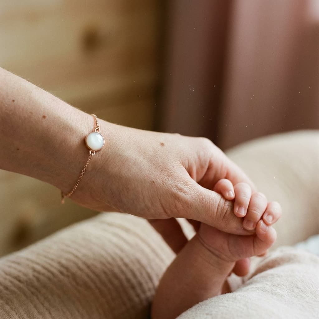 Mother gently holding a baby’s tiny hand while wearing a rose-gold bracelet with a milky white stone, resembling diy breast milk jewellery keepsake resin charm