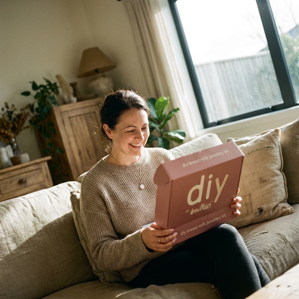 Smiling mom on a sofa opening a DIY by MILKIES kit box, showing why diy breast milk jewellery is a convenient at-home way to create a personal keepsake.