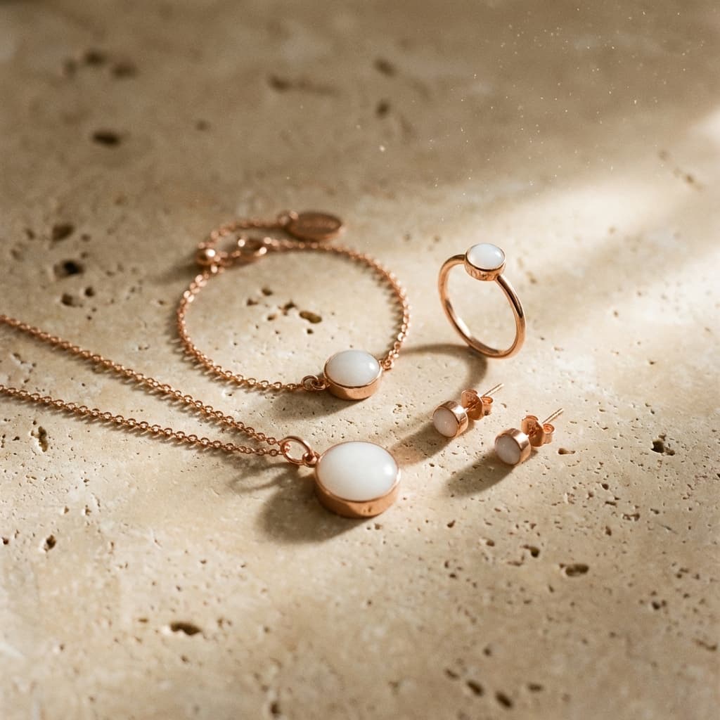 Rose gold necklace, bracelet, ring and stud earrings with milky white resin stones from a diy breast milk jewellery kit keepsake set displayed on a textured stone background.