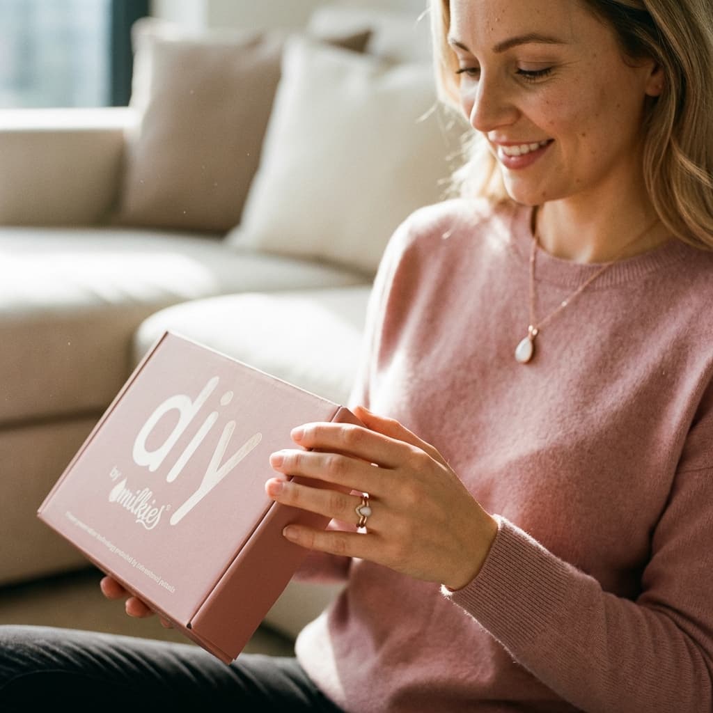 Smiling mom unboxing a pink MILKIES box at home, showing how a diy breast milk jewellery kit offers a convenient, private way to create a meaningful keepsake.