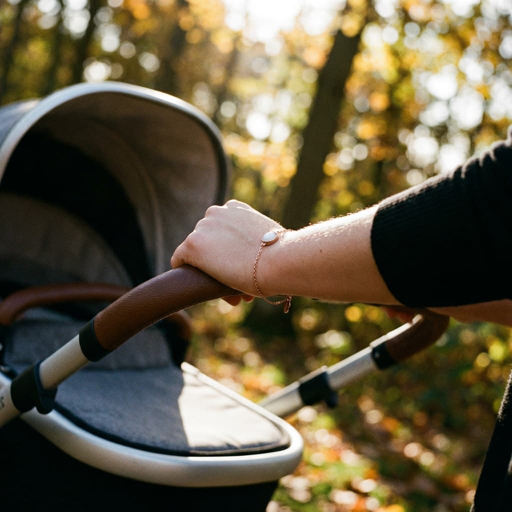 Mother’s hand pushing a baby stroller outdoors, wearing a delicate diy breastmilk bracelet with a white resin stone on a gold chain in warm autumn light.