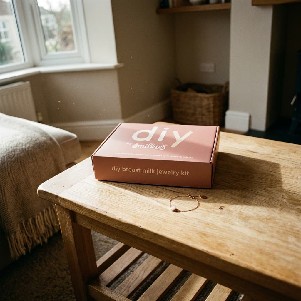 DIY by MILKIES box on a wooden coffee table in a cozy living room, showcasing an at-home diy breastmilk bracelet kit for making breast milk jewelry keepsakes.