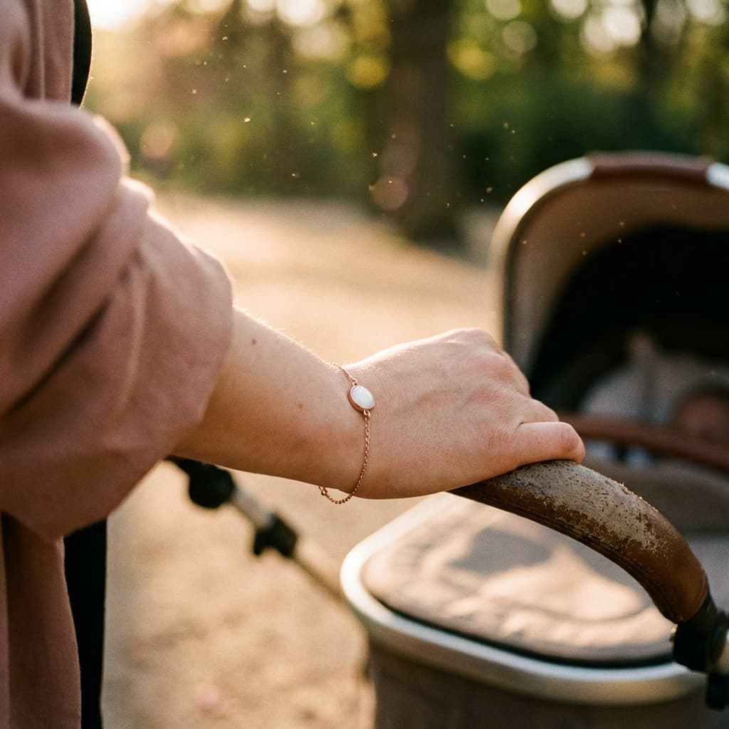Mother’s hand on stroller handle wearing a delicate gold bracelet with a milky-white oval charm keepsake made using a diy breastmilk bracelet kit in warm outdoor light.