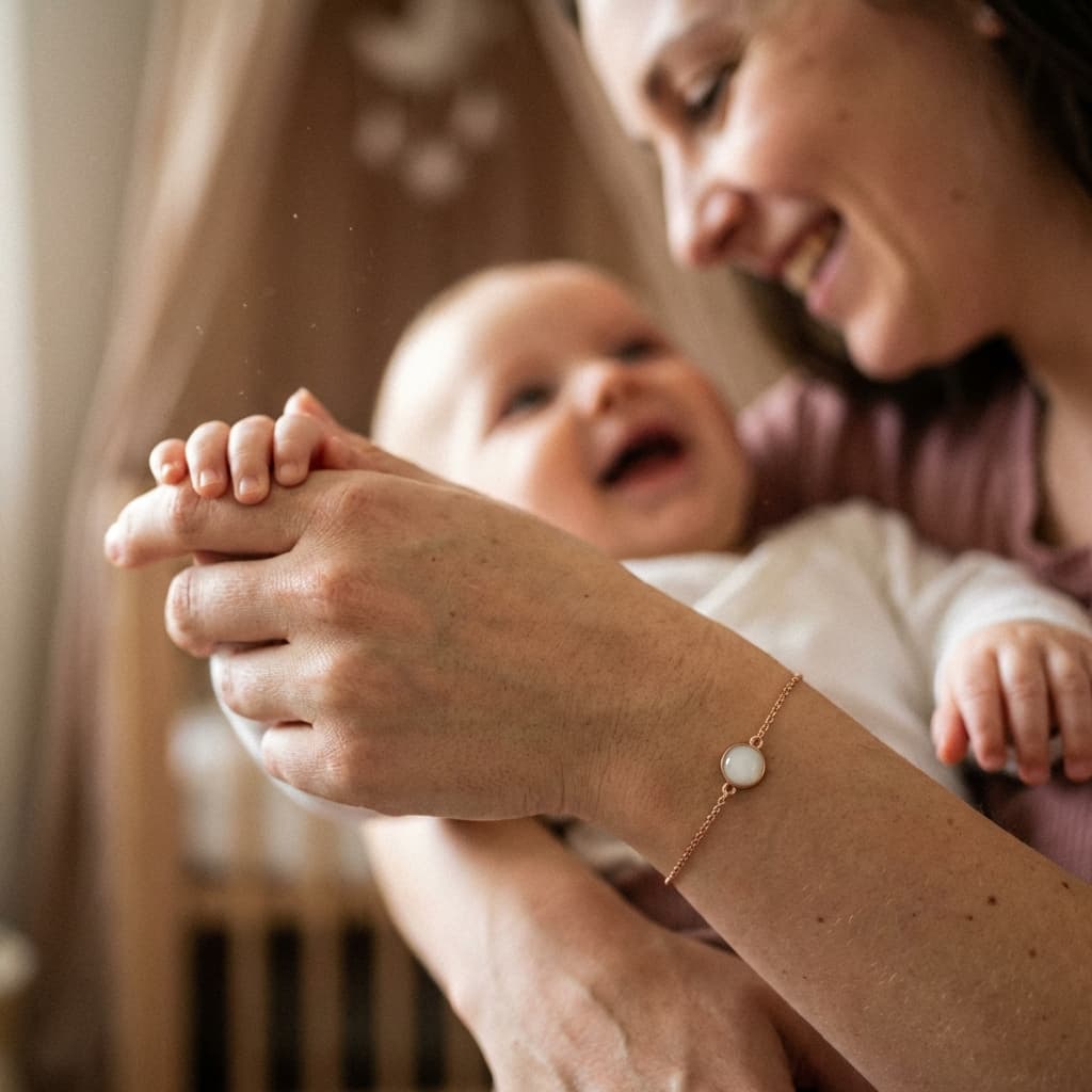 Smiling mom holding her baby while wearing a delicate keepsake bracelet, showing why a diy breastmilk bracelet kit is a meaningful at-home way to preserve a special motherhood moment.