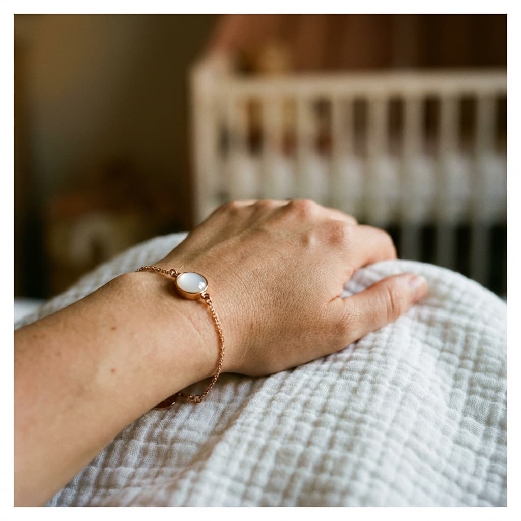 A mother’s hand rests on a white muslin blanket, wearing a delicate rose-gold chain keepsake bracelet with an oval milky-white stone, a meaningful example of diy breastmilk bracelets.