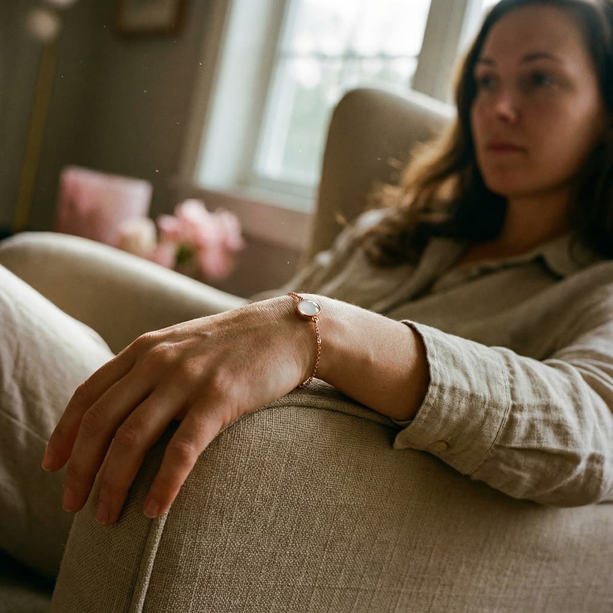 Woman relaxing on a sofa wearing a rose-gold bracelet with a milky white resin stone, showcasing diy breastmilk bracelets as a sentimental keepsake.