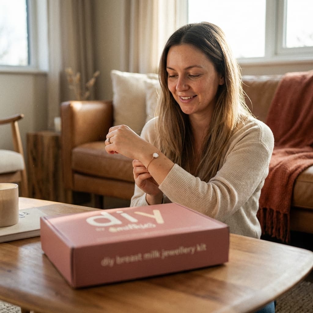 Mother at home fastening a bracelet beside a DIY by MILKIES kit box, showing why diy breastmilk bracelets are a meaningful, convenient keepsake you can make yourself.
