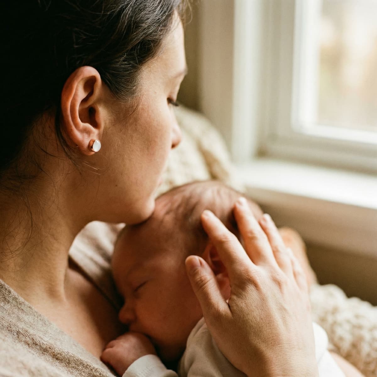 Mother cuddling a sleeping newborn by a window, wearing a subtle diy breastmilk earring stud keepsake.
