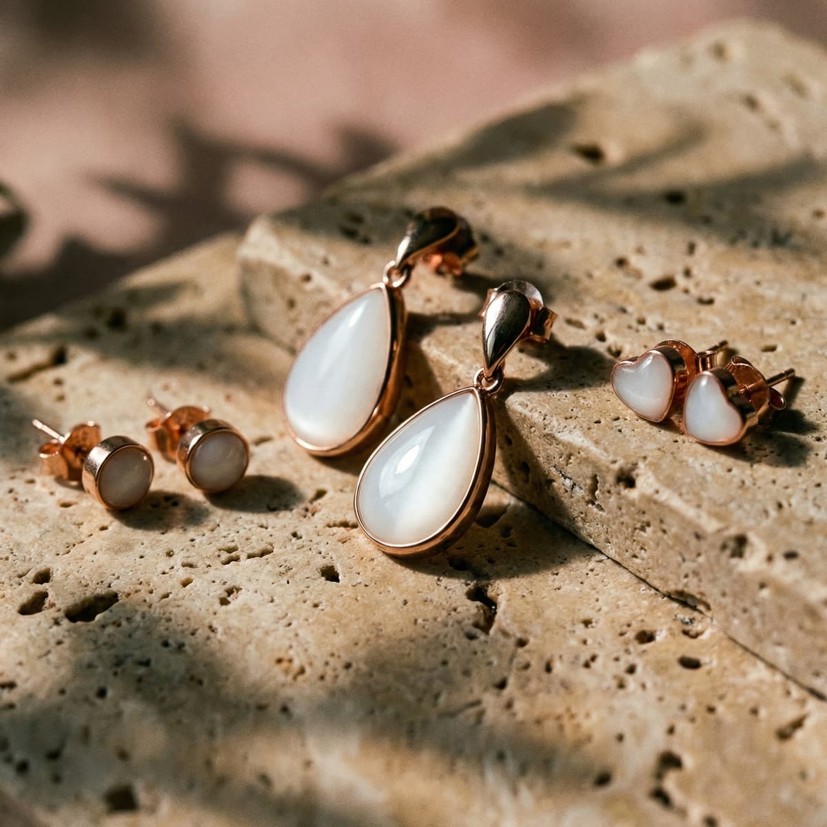 Rose-gold keepsake earrings set featuring milky-white resin stones—teardrop dangles with heart and round stud options—styled like a diy breastmilk earring kit on a textured stone surface.