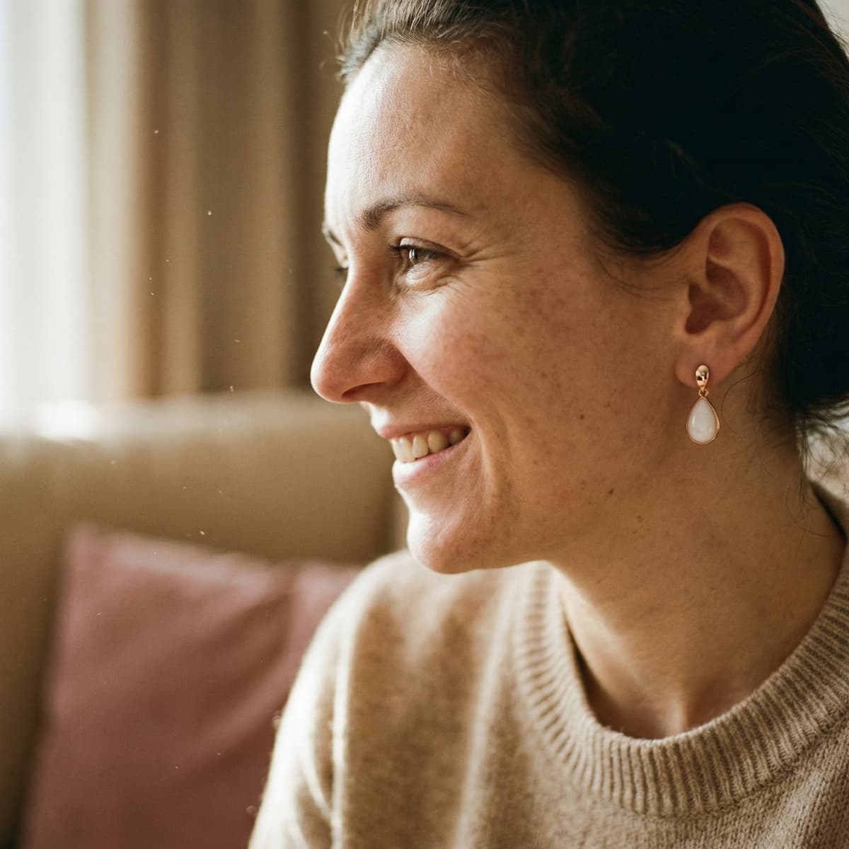 Smiling woman wearing delicate teardrop keepsake earrings made with a diy breastmilk earring kit, highlighting why the at-home DIY by MILKIES kit is a meaningful way to preserve a motherhood memory.