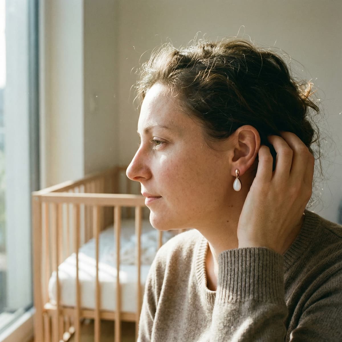 Mother sitting by a sunny nursery window wearing elegant diy breastmilk earrings featuring a teardrop white keepsake stone in a gold-toned setting, with a baby crib in the background.