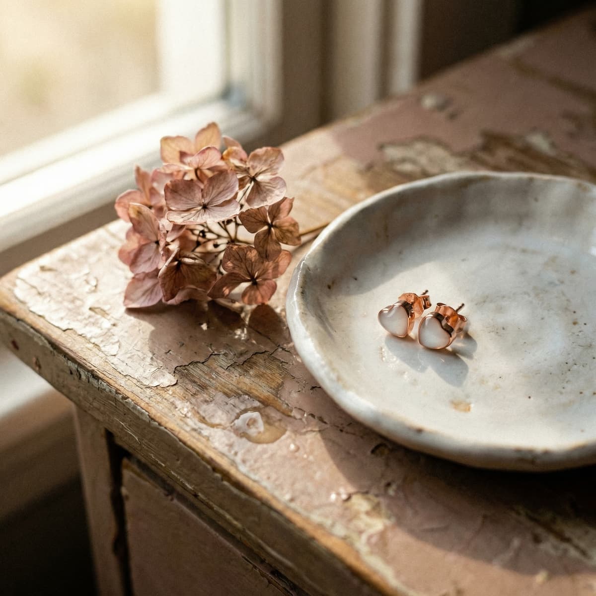 Rose-gold heart stud diy breastmilk earrings on a ceramic dish beside dried flowers on a rustic windowsill in warm natural light
