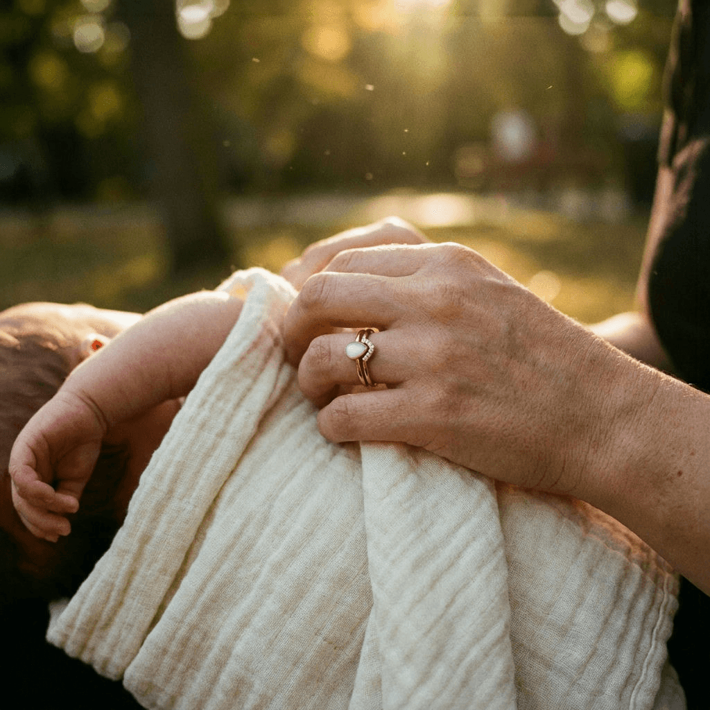 Mother cradling a newborn in warm sunlight while wearing a gold ring with a milky-white stone, showcasing an elegant example of diy breastmilk jewellery.
