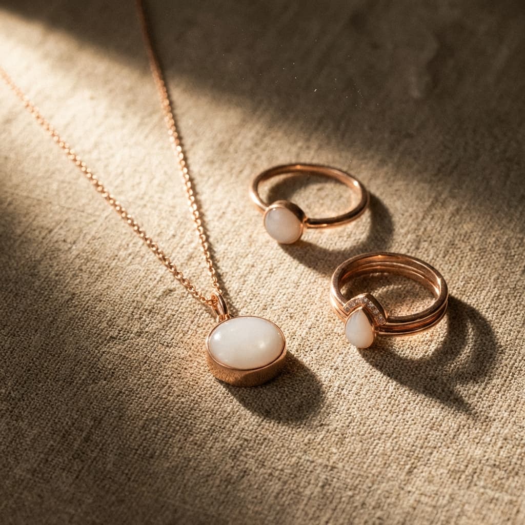Rose gold necklace and two rings with creamy white resin stones, an elegant diy breastmilk jewellery keepsake set arranged on textured linen in warm sunlight.